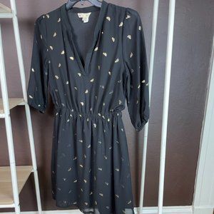 Yumi little black dress with metallic gold bird print, size 8/10